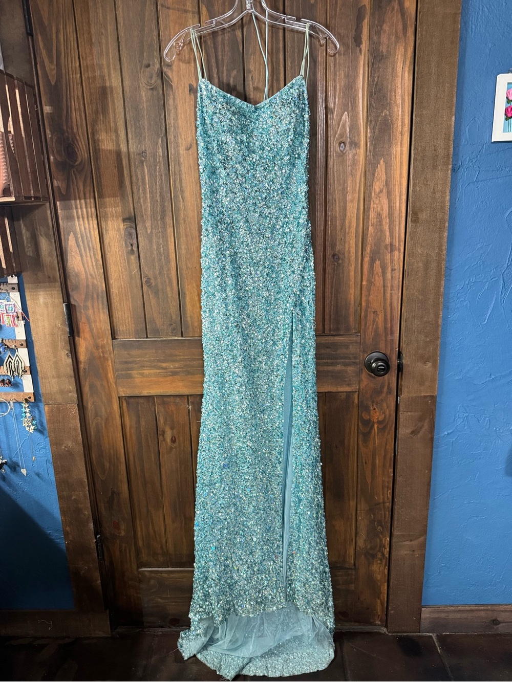 Sherri Hill Aqua Sequin Spaghetti Strap Prom Gown